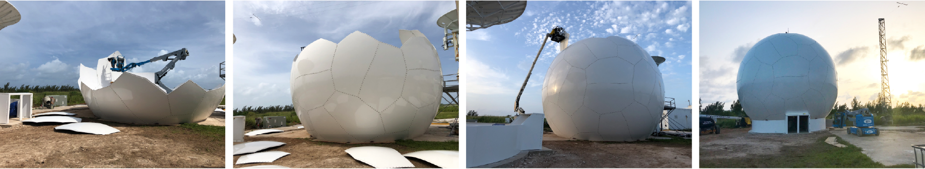 Four photos show the assembly of a large white geodesic dome, starting from open petal-like panels to a fully enclosed spherical structure, with construction equipment and a partly cloudy sky in the background.